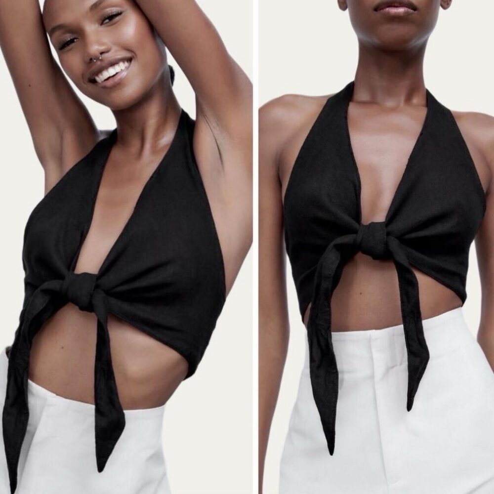 Zara Linen black Tie-Front Cropped Halter crop Top/Bandeau S NWT